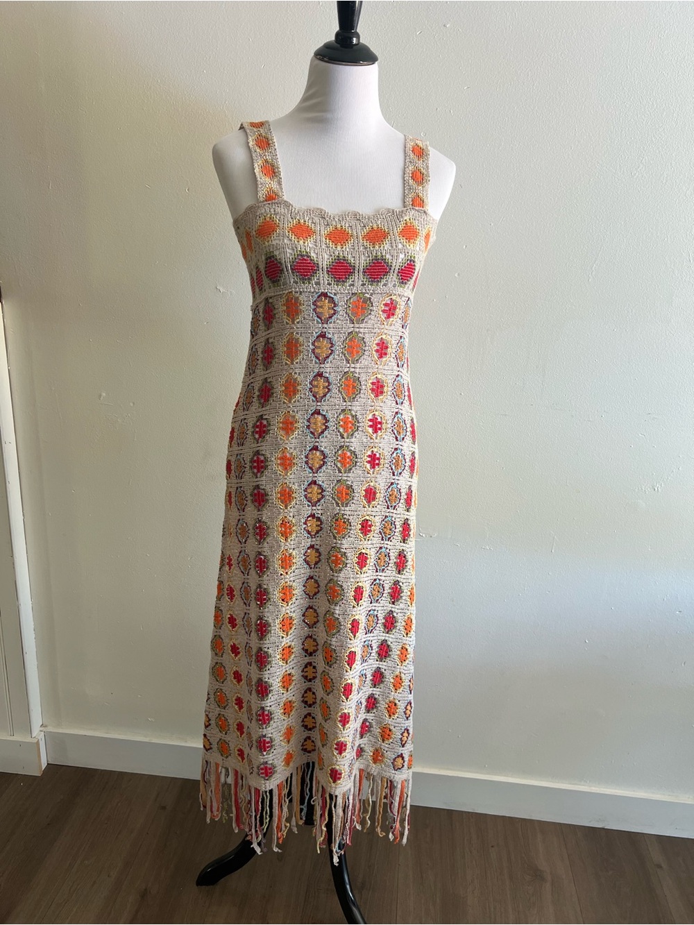 Zara Crochet Maxi Dress in Cream with Orange and Pink Accents
